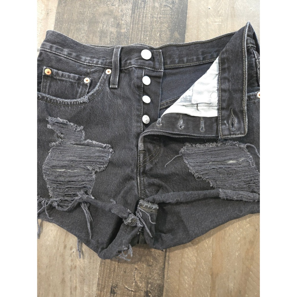 Levis 501 High Rise Distressed Shorts Washed Black Button Fly Frayed Cutoffs W26